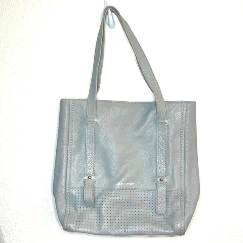 B Makowsky soft gray pebble leather shoulder purse handbag Metallic detail